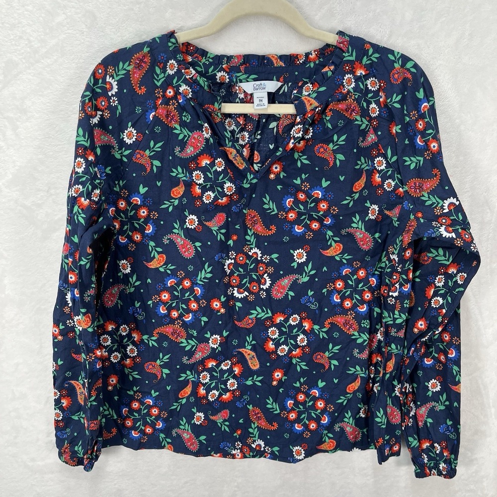 Croft & Barrow Long Sleeve Popover Blouse Petite Womens PM Floral Paisley Cotton